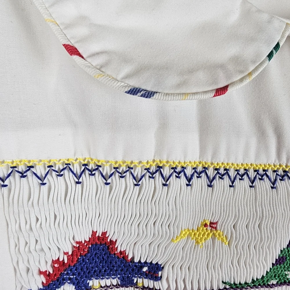 VTG Button-in Smocked‎ Dinosaur 2pc Outfit Colorful Dino Pleated